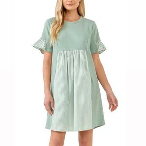 English Factory Knit Stripe Woven Dress in Green Sz M